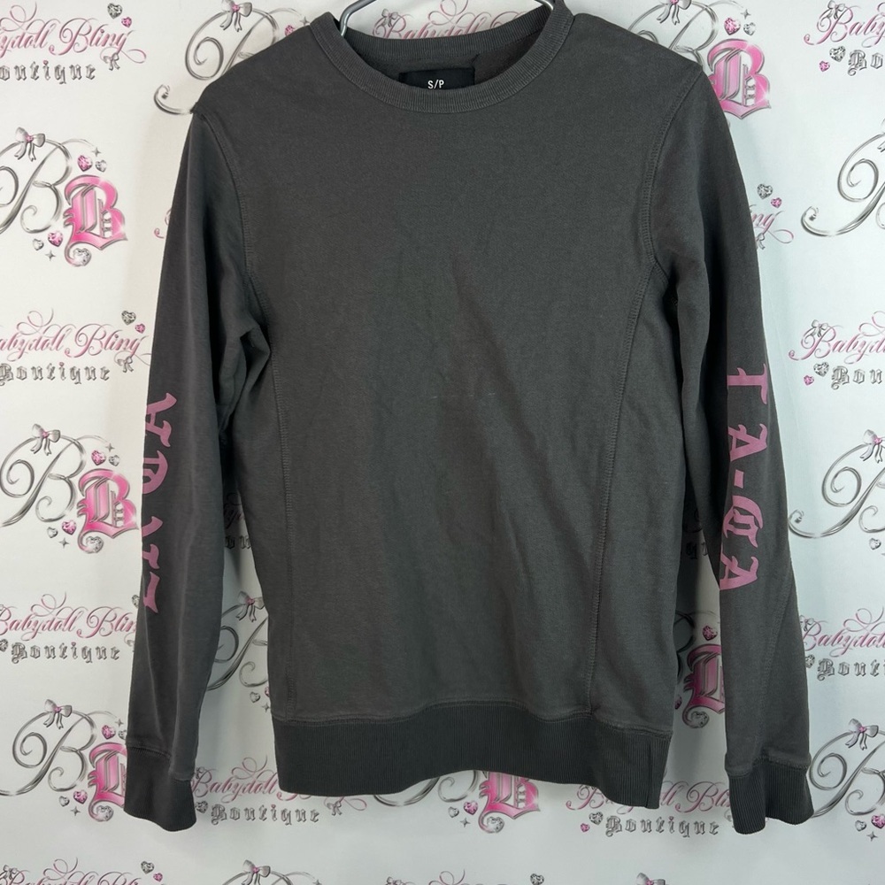 Cotton On long sleeve top La Ga Dark Gray Crewneck with Pink Lettering
